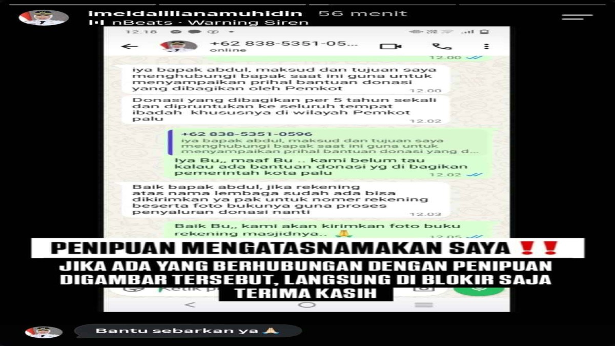 Penipuan Catut Nama Wakil Wali Kota Palu Imelda Liliana Muhidin, Masyarakat Diminta Waspada